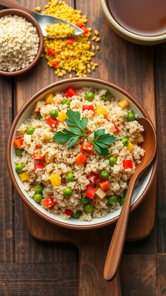 A bowl of quinoa and rice pilaf with vegetables and parsley on a rustic table.